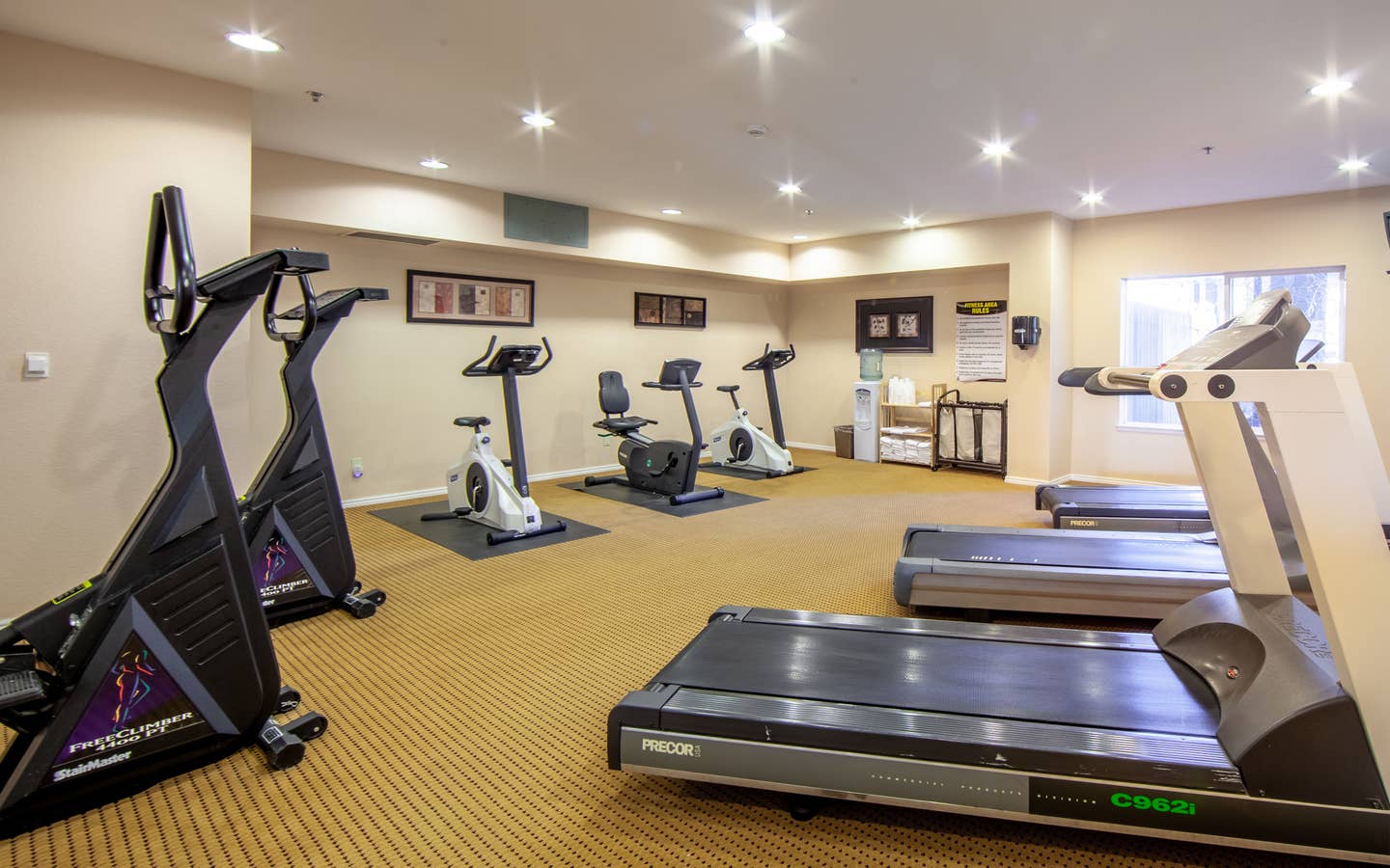Fitness center with treadmills, ellipticals, and stationary bicycles at David Walley's Resort in Genoa, Nevada.