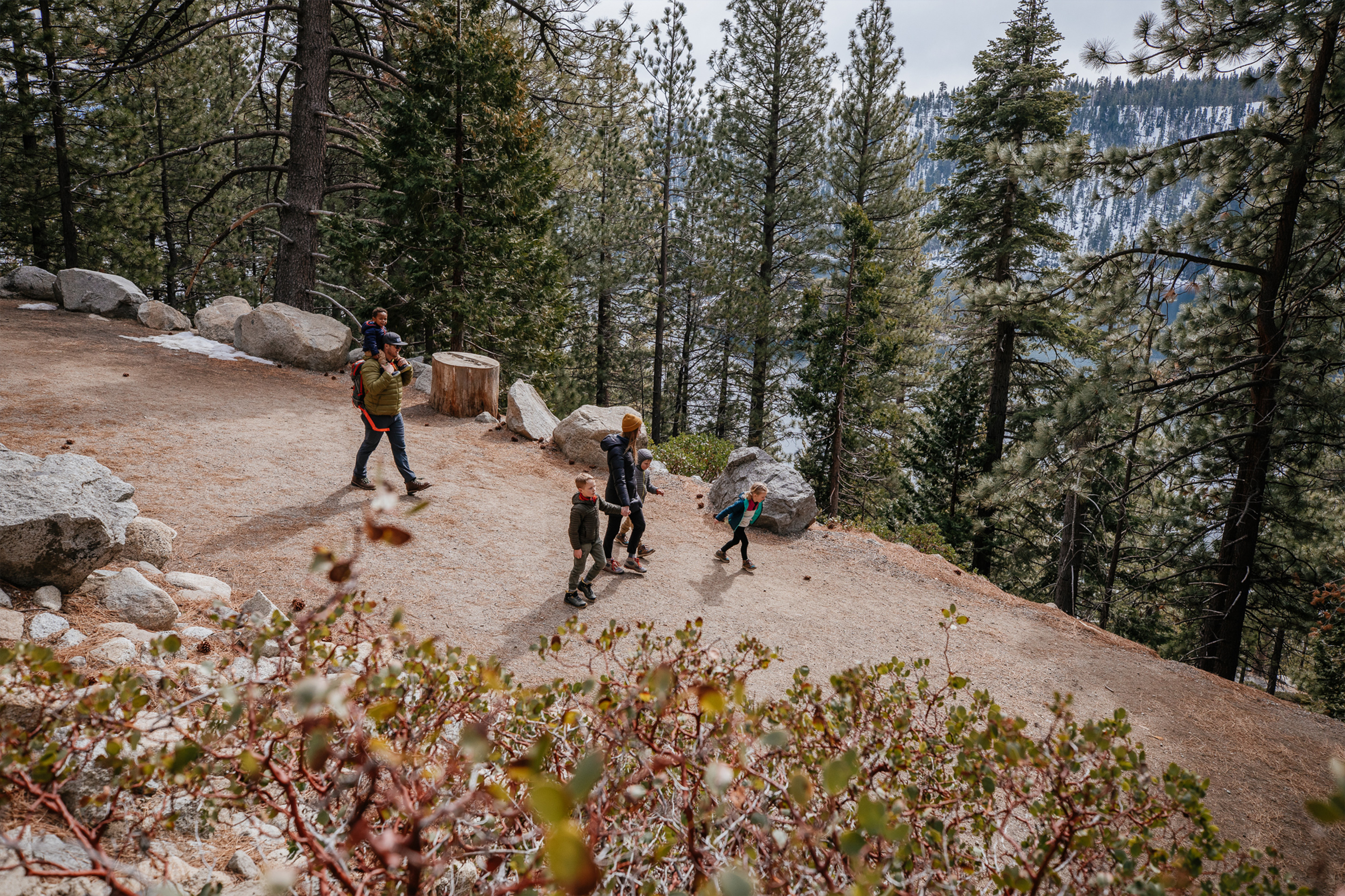 Featured Contributor, Andrea Rassmussen and her whole family take a stroll on a dirt trail surrounded by tall pine trees at Emerald Bay State Park in Nevada.