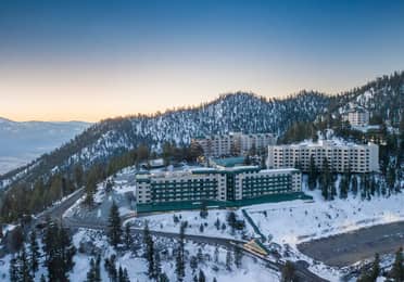 Aerial view of Tahoe Ridge Resort property nestled in the Sierra Nevada Mountains in Stateline, Nevada.