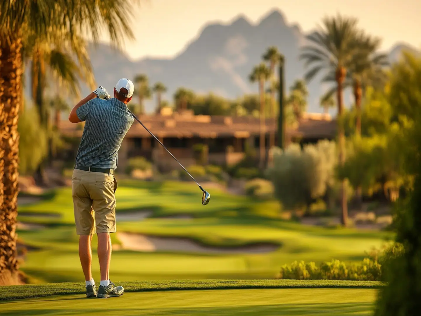 A golfer teeing off at a scenic Scottsdale golf Scottsdale AZ resort