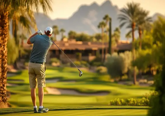 A golfer teeing off in Scottsdale with a scenic mountainous background.