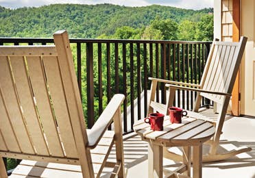 Balcony overlooking mountains in a villa at Smoky Mountain Resort in Gatlinburg, Tennessee.
