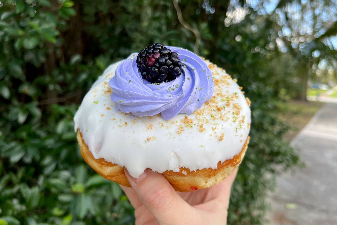 A doughnut with white and blue iced frosting topped with a blackberry is held by a woman's hand.