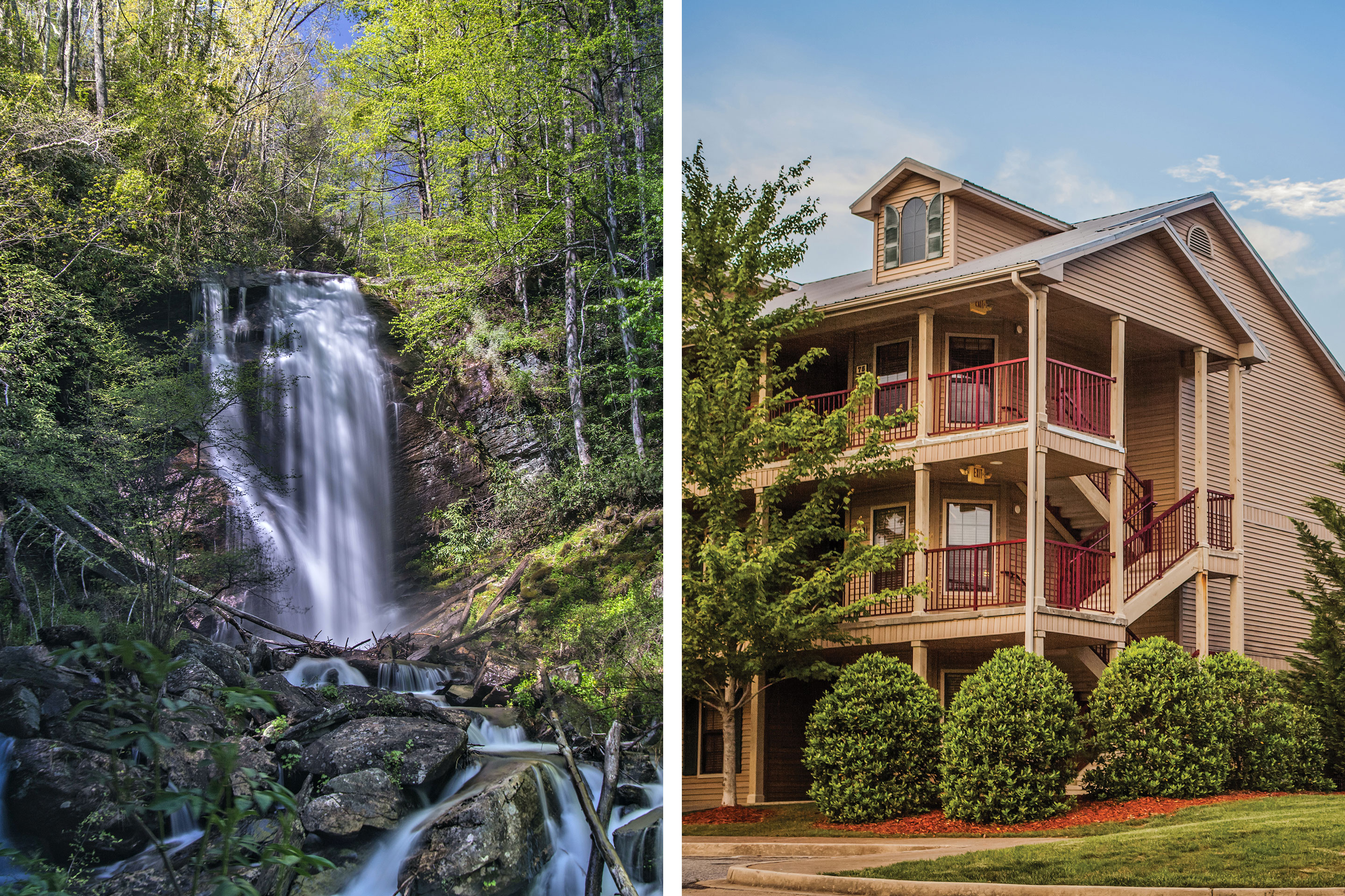 Left: The Anna Ruby Falls waterfall surrounded by lush green woods. Right: Exterior shot of our Apple Mountain Resort Villas.