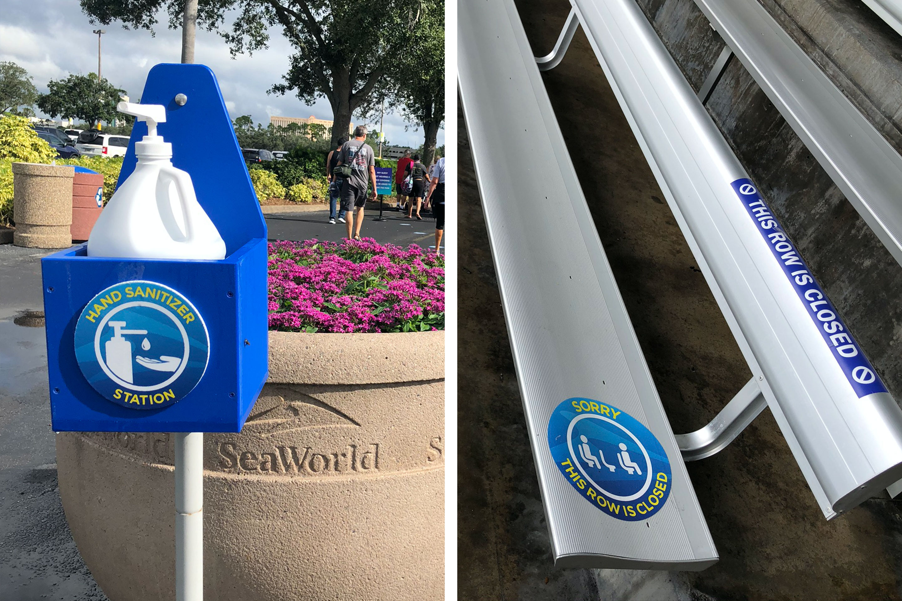 Left: Hand Sanitizer station upon entry. Right: Bench in Orca Stadium with safety tape to maintain social distancing.