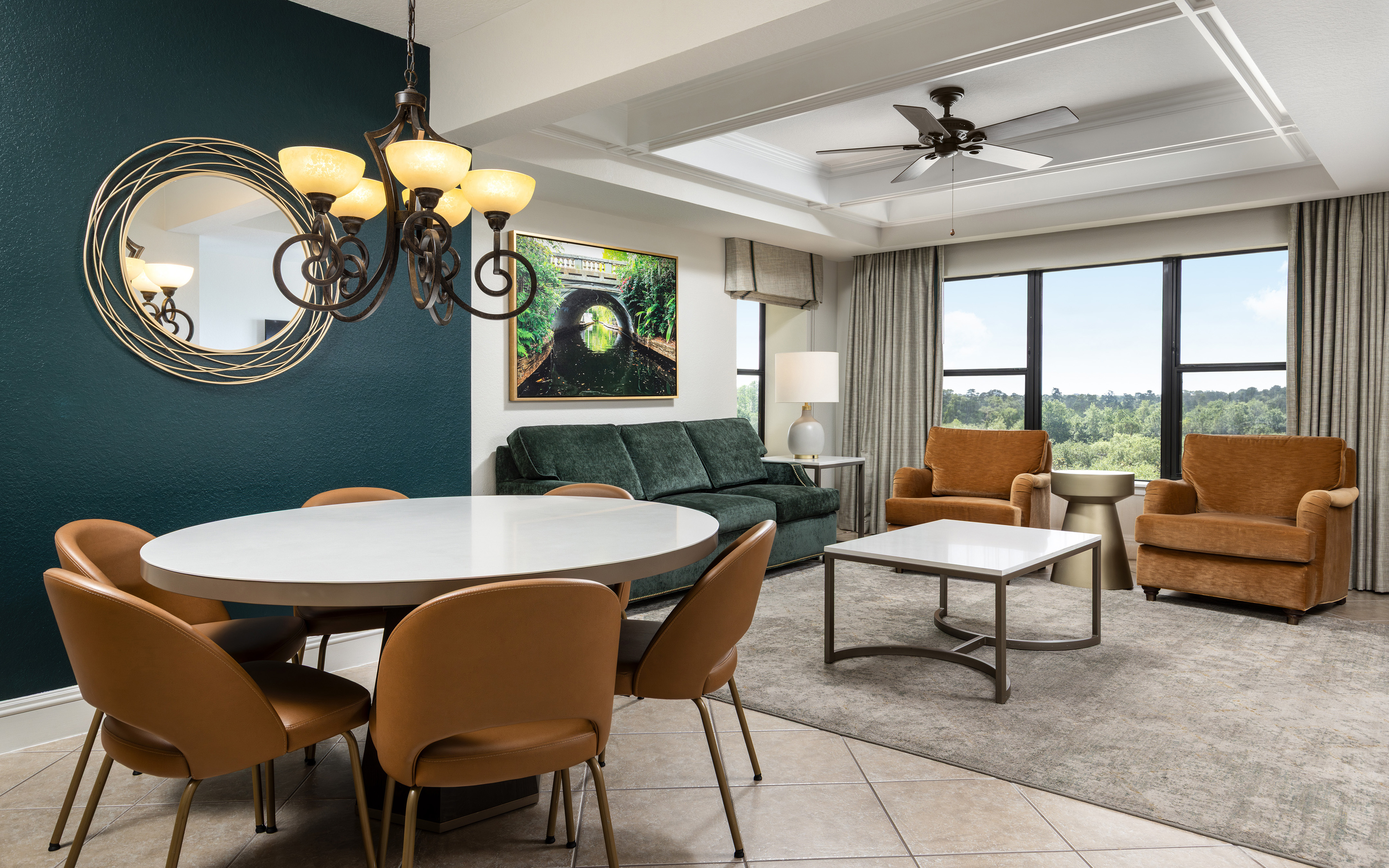 The renovated dining and living room for the two bedroom signature suite at Orange Lake Resort in Orlando, FL. 