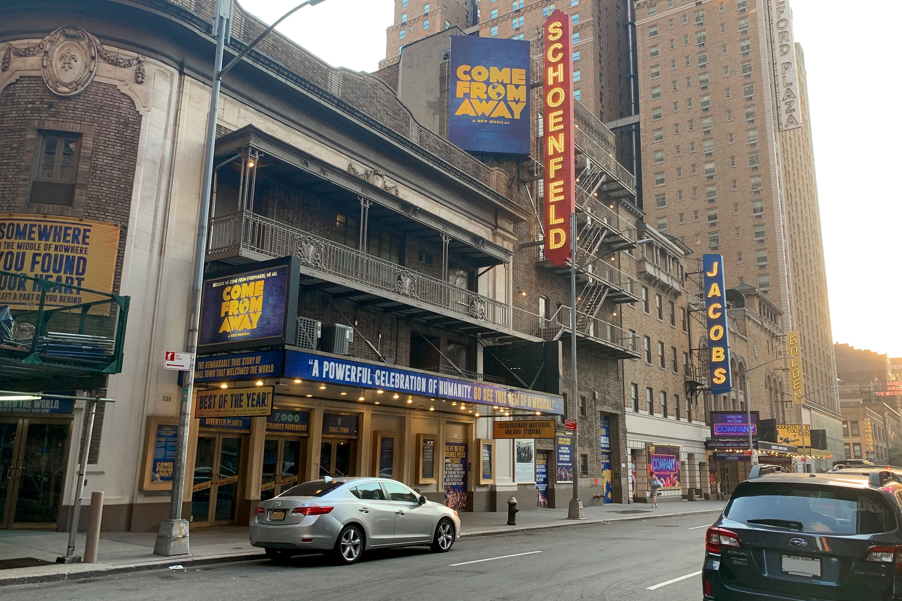 Exterior of the Schoenfeld Theater in New York City, currently home to the production of 'Come From Away - A Musical.'