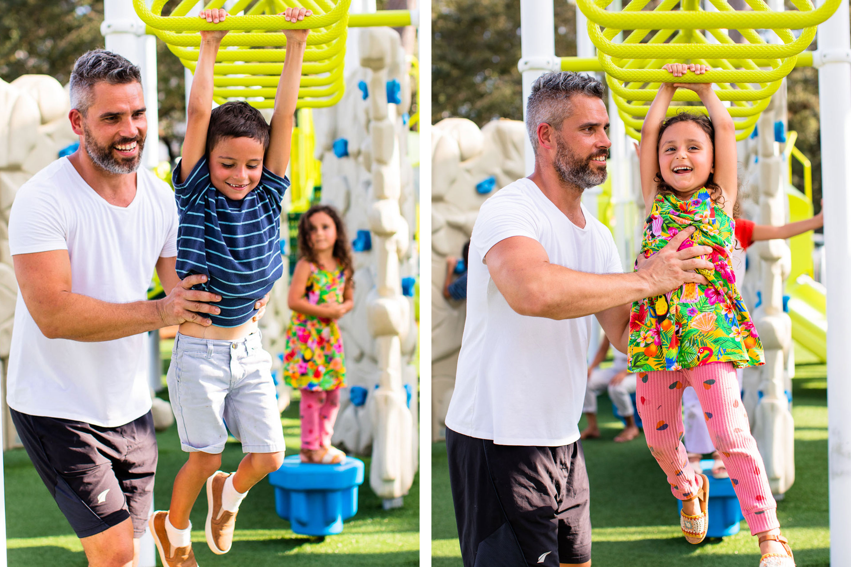 Left: Isaiah helps Samuel with at the playground monkey bars. Right: Isaiah helps Vanessa with at the playground monkey bars.
