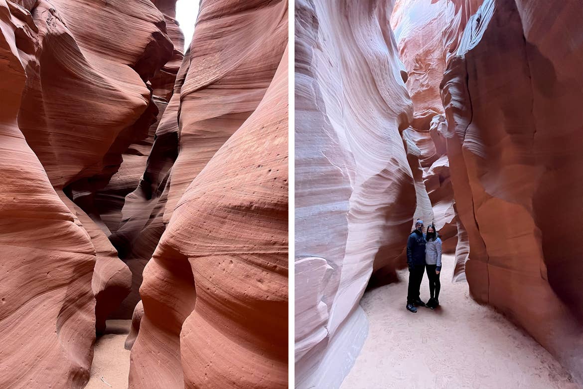 Left: Red rock formations known as 'slot canyons.' Right: A man and women in blue-grey and white fleece jackets and knitted caps stand in-between slot canyons.