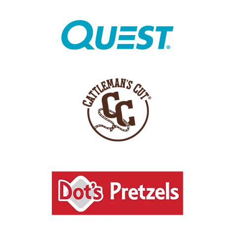 Logos for Quest, Cattleman’s Cut, and Dot’s Pretzels displayed on a white background.