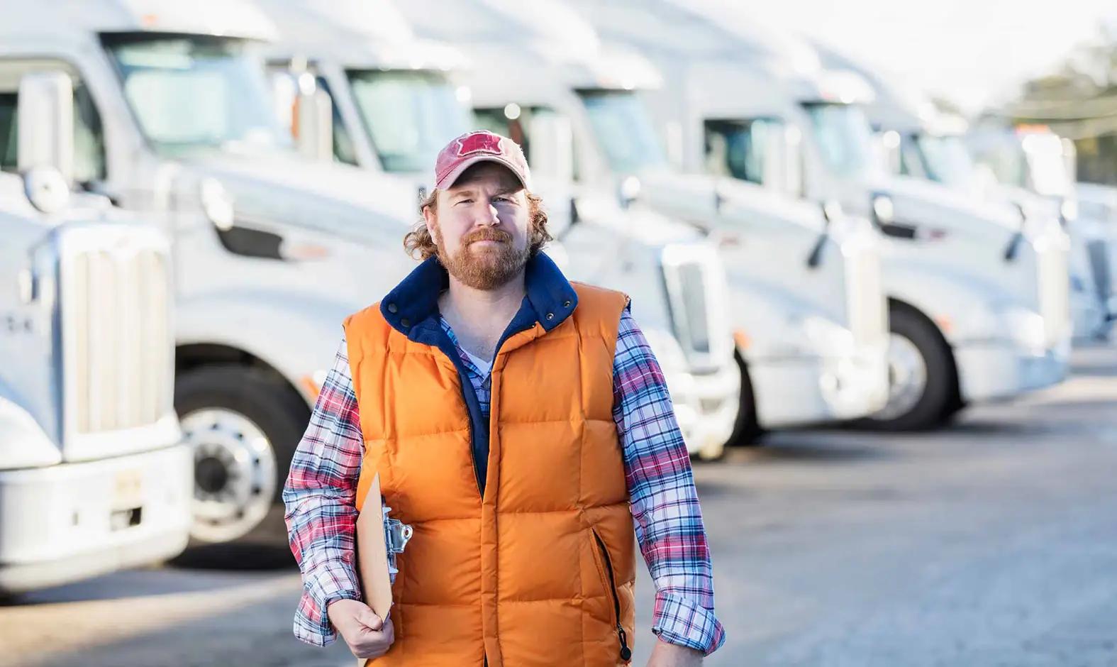 Fleet manager standing in front of a fleet of trucks