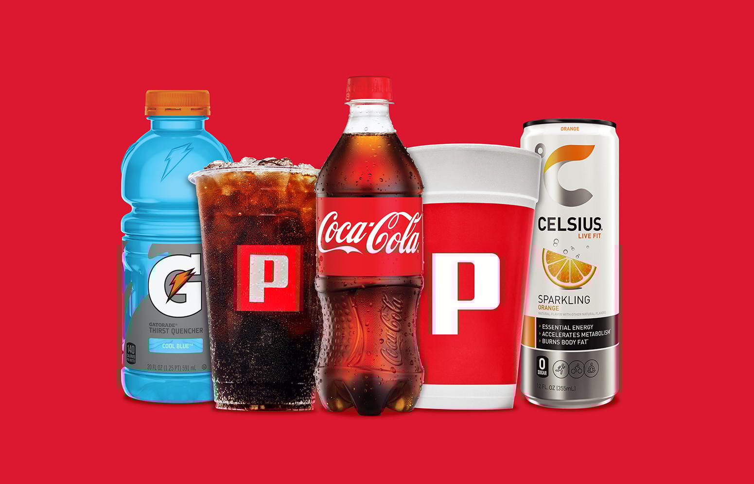 A blue Gatorade bottle, a Pilot fountain drink, a Coca-Cola bottle, a Pilot coffee, and a Celsius can on a red background