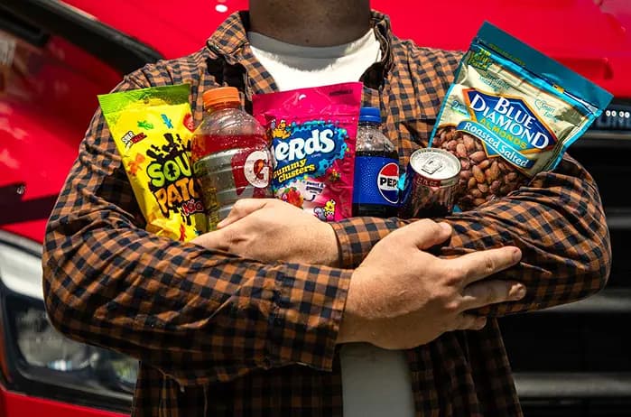 Person holding an armful of snacks and drinks including Sour Patch Kids, Gatorade, Nerds Gummy Clusters, Pepsi, a canned beverage, and Blue Diamond Roasted Salted Almonds