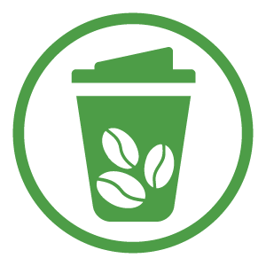Sustainable coffee cup icon: a green takeaway coffee cup with coffee beans, enclosed in a green circle