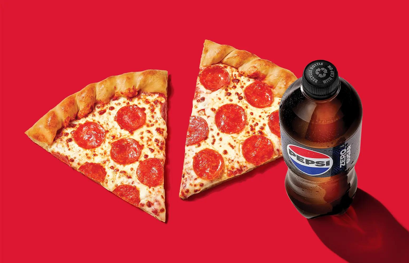 Two slices of pepperoni pizza with roped crust and a bottle of Pepsi from Pilot on a red background
