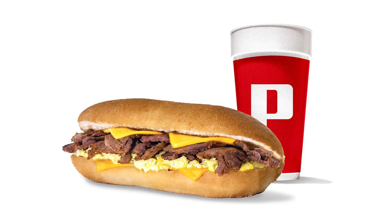 Steak, egg, and cheese breakfast hoagie with a Pilot fountain drink