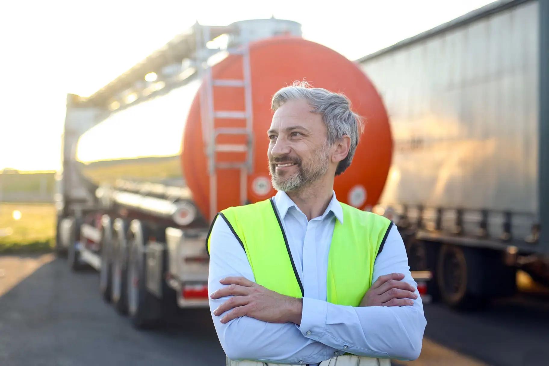 Smiling middle-aged man in a hi-vis safety vest standing with arms crossed in front of an orange fuel tanker truck