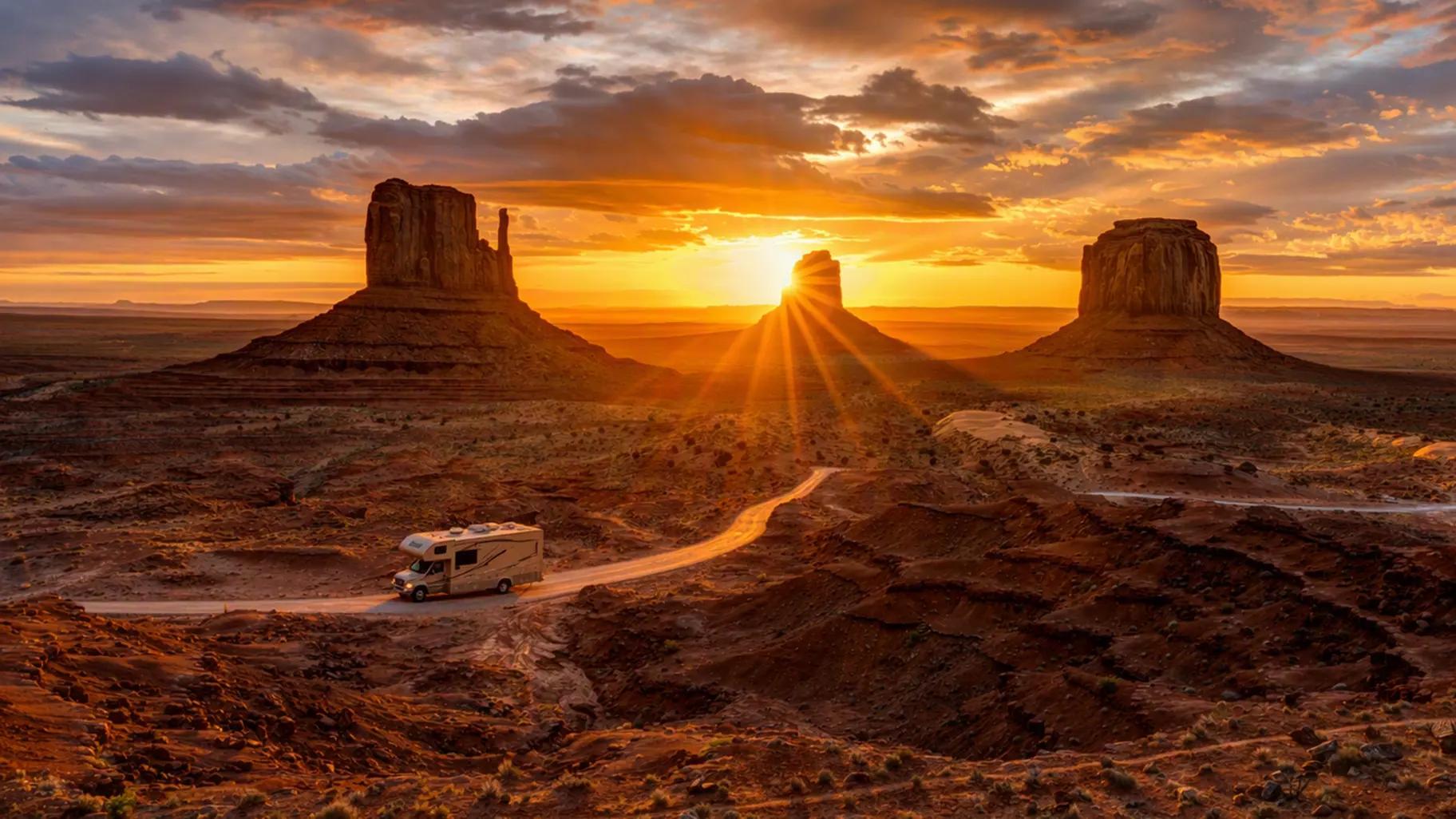 RV driving along a winding desert road at sunrise, with rock formations on either side and sun rays spreading across the landscape.