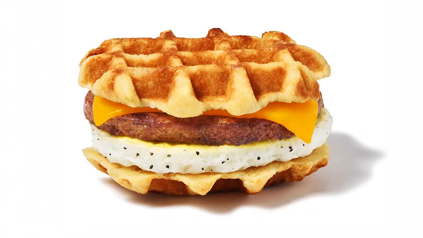 a sausage, egg, and cheese waffler with American cheese