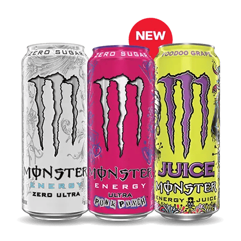 Three Monster Energy cans in different flavors, including Zero Ultra, Ultra Watermelon, and Mango Loco Juice, with a ‘New’ label above.
