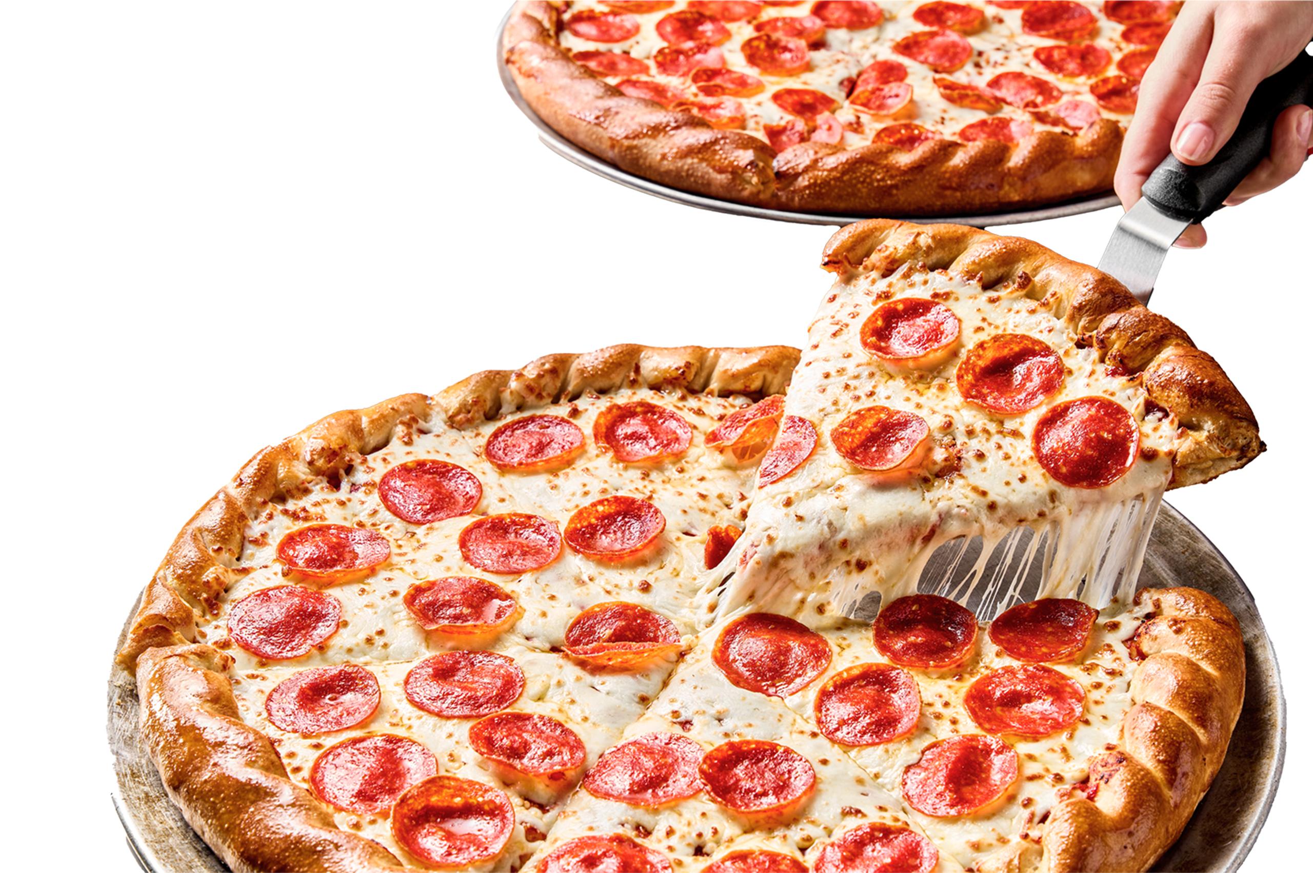 A spatula lifting a pepperoni pizza slice from a large pepperoni pizza with twisted rope crust, showing a dramatic cheese pull, with a second whole pepperoni pizza with rope crust visible in the background