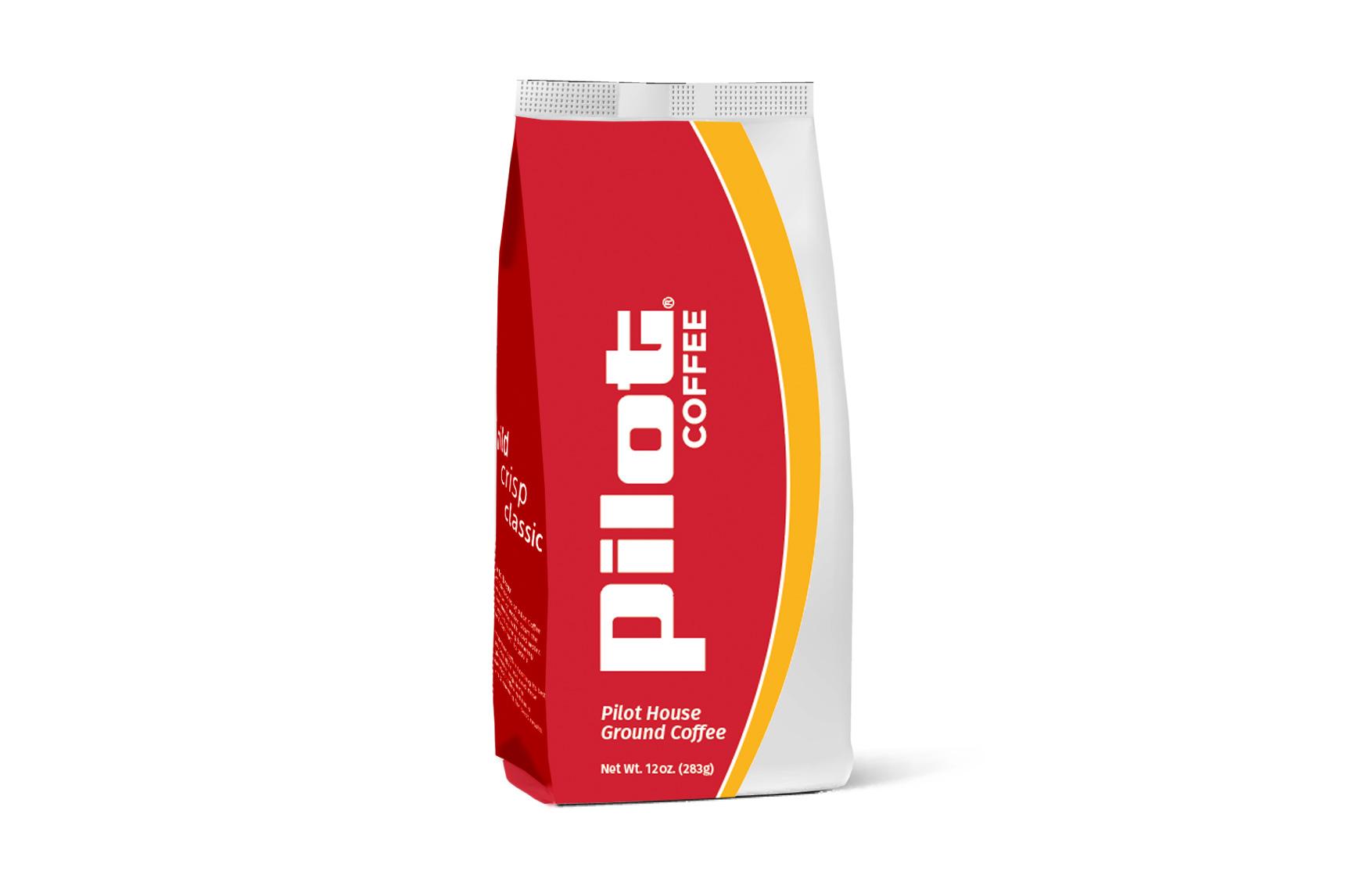 Pilot House Ground Coffee, 12 oz (283g) bag, described as bold, crisp, and classic, in a red and white bag with a yellow stripe