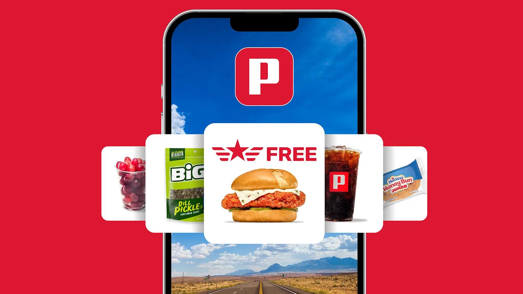 grapes, snacks, chicken sandwich, Pilot fountain drink, and Hostess snacks available for military authenticated users in the Pilot App