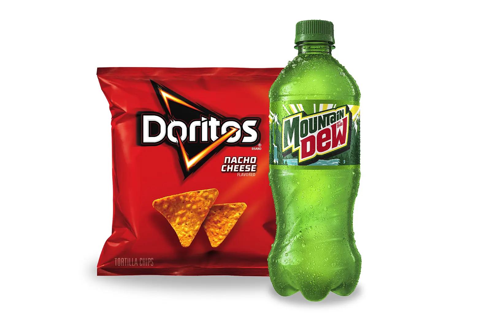 Doritos Nacho Cheese flavored tortilla chips bag and a Mountain Dew bottle with condensation