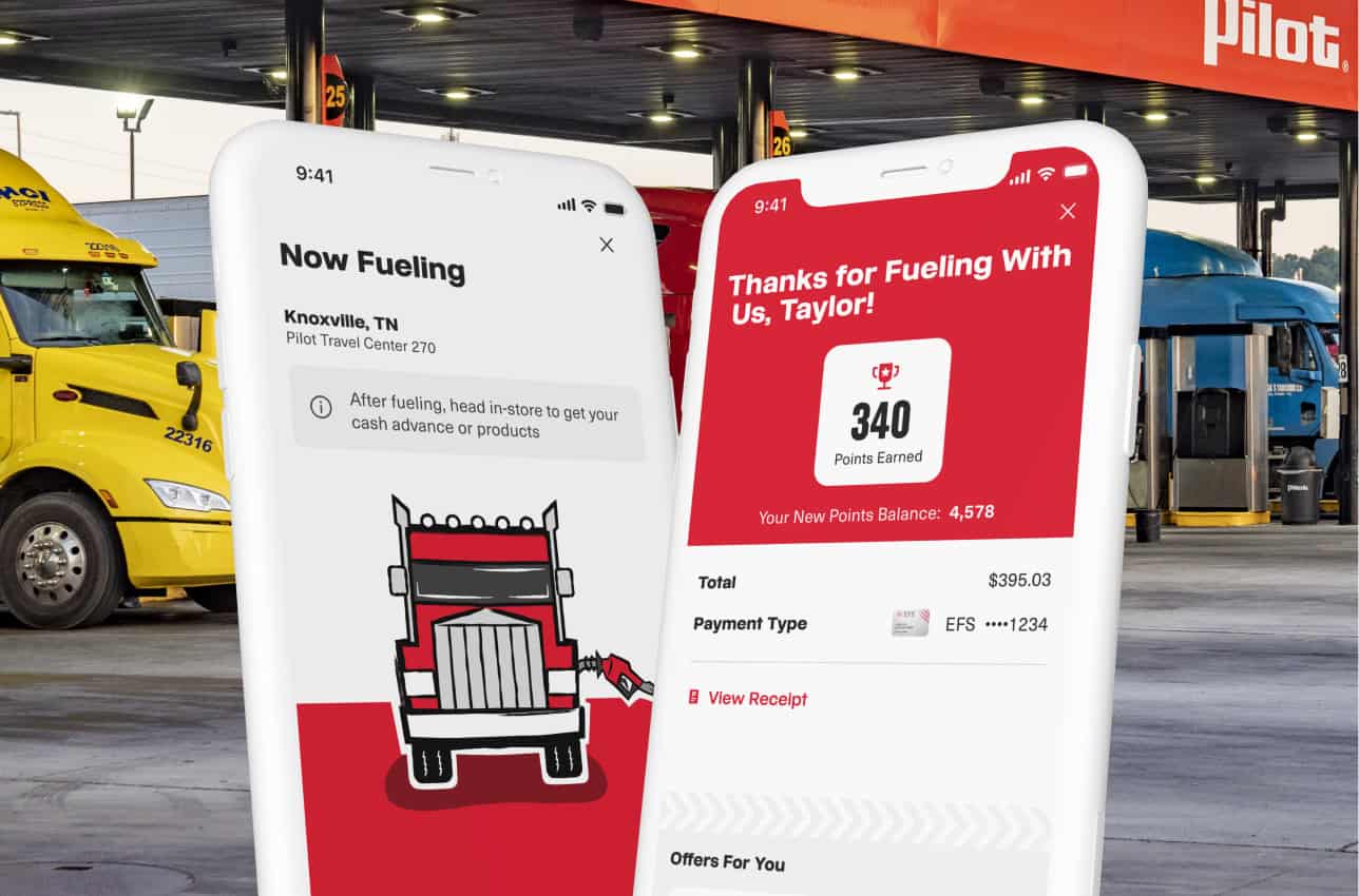 Two smartphone screens showing the Pilot Flying J app's mobile fueling feature at a Pilot Travel Center truck stop. The left screen displays a pump authorization code (89228) with instructions to enter it at the pump, and the right screen shows a 'Currently Fueling!' status with a fuel gauge graphic and a reminder to pull forward after fueling.
