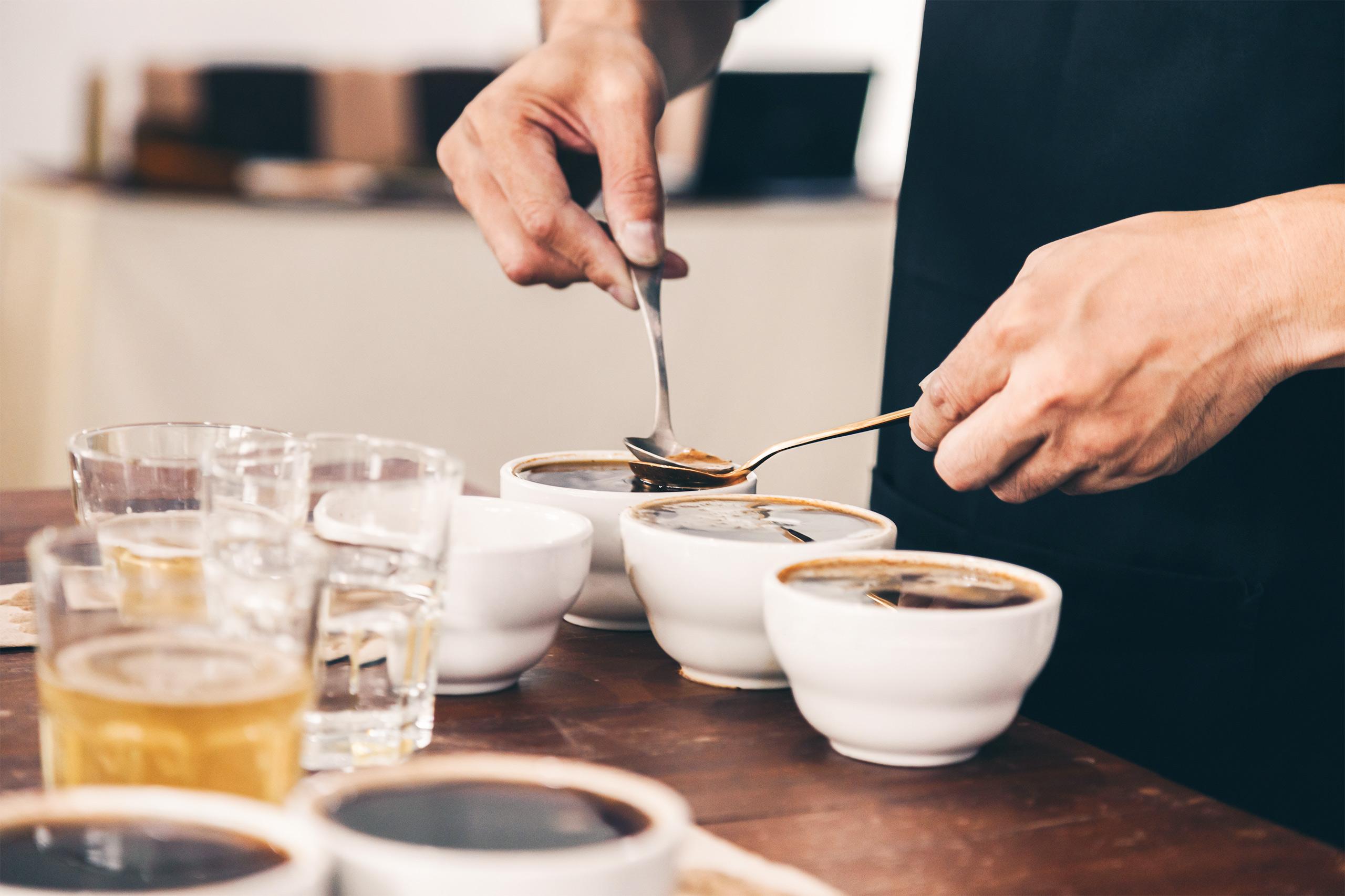 A person showing the cupping process for selecting coffee flavors