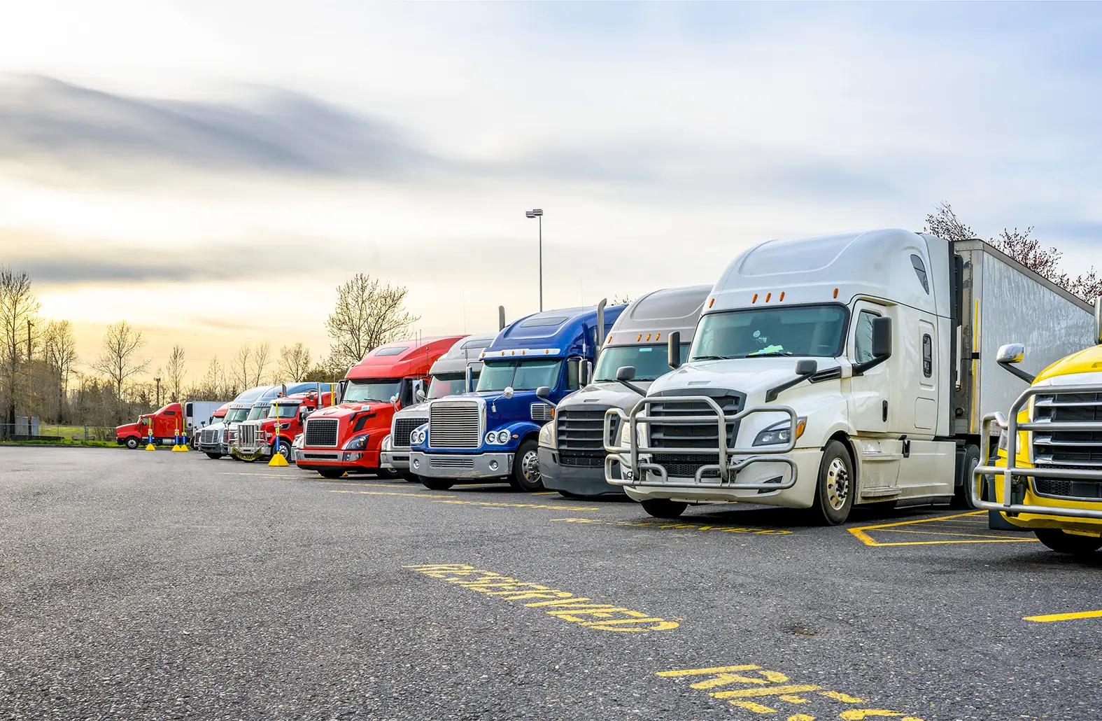 Row of semi trucks parked for the night