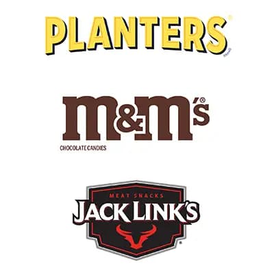 Logos for Planters, M&Ms, and Jack Links displayed on a white background.