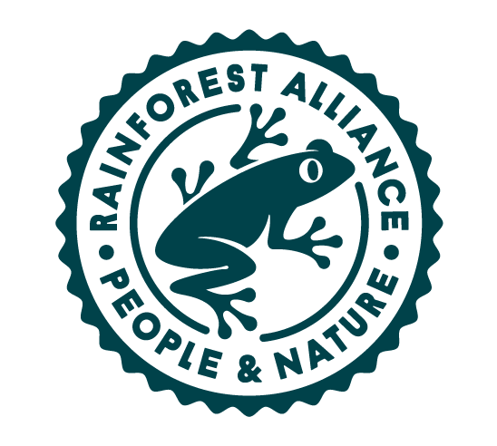 Rainforest Alliance certified seal featuring a tree frog silhouette with the text 'Rainforest Alliance People & Nature'
