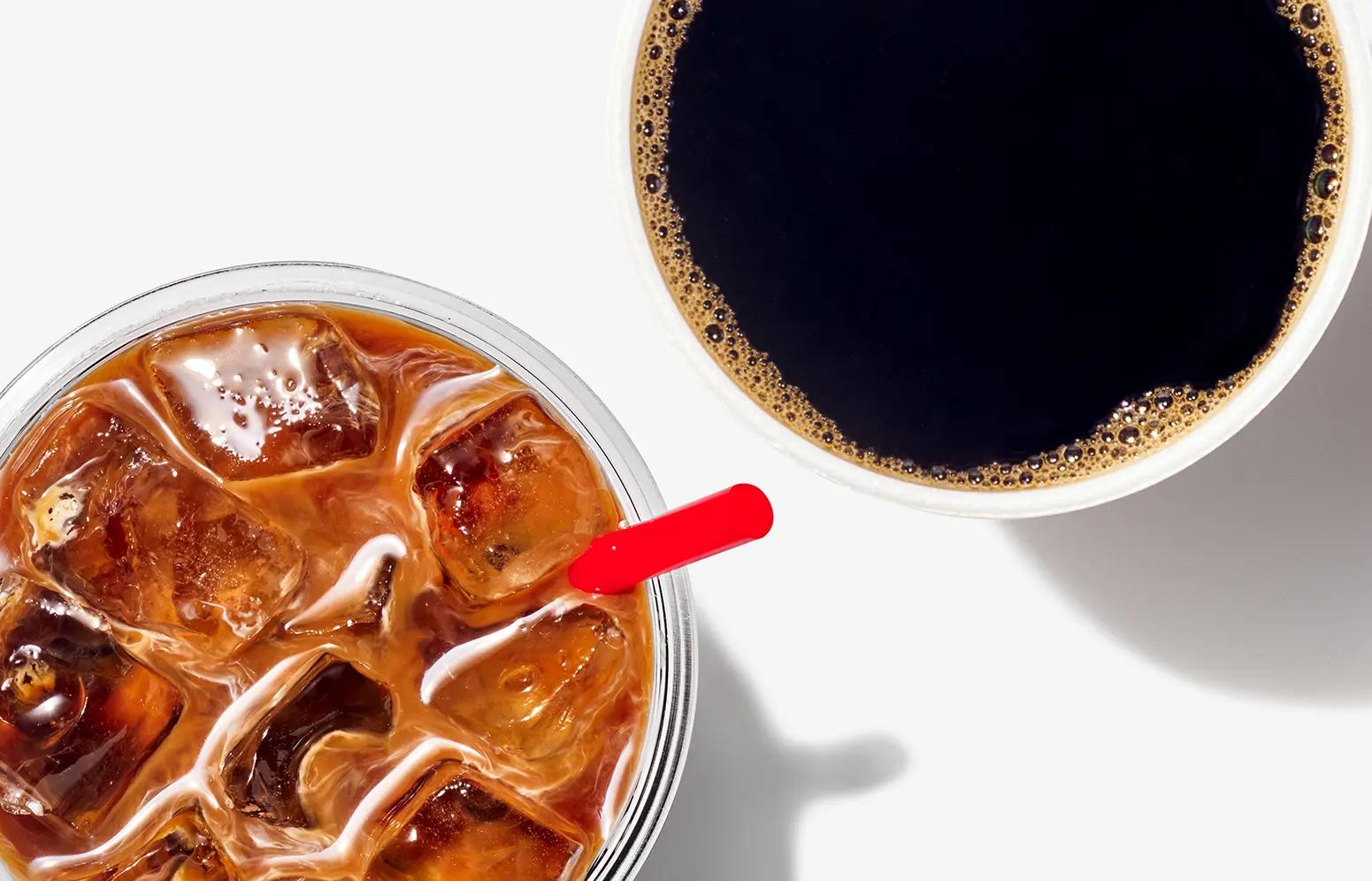 Overhead shot of iced and hot coffee.