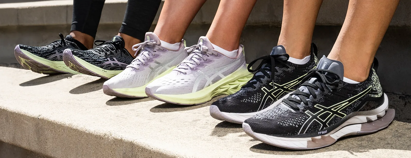 Close up of ASICS shoes on feet