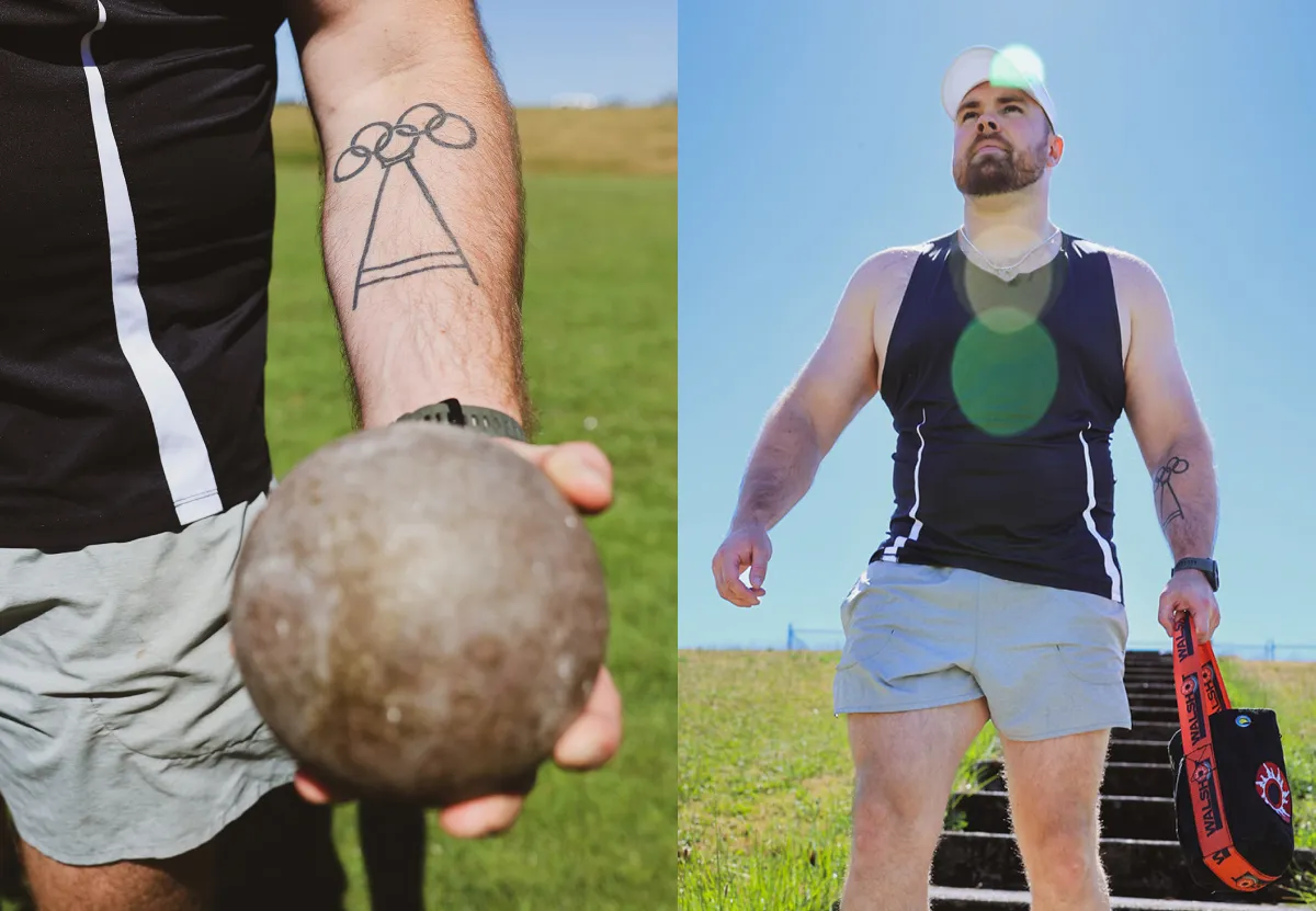 ASICS Athlete Payton Otterdahl holding the shot put and walking in a field