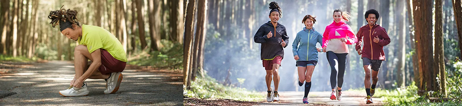 Four runners running on a trail