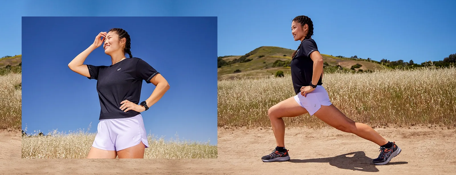 Women outside streching in ASICS running shorts