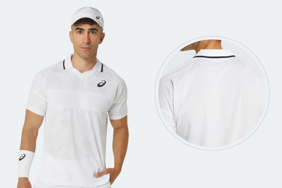 Male model wearing ASICS golf shirt
