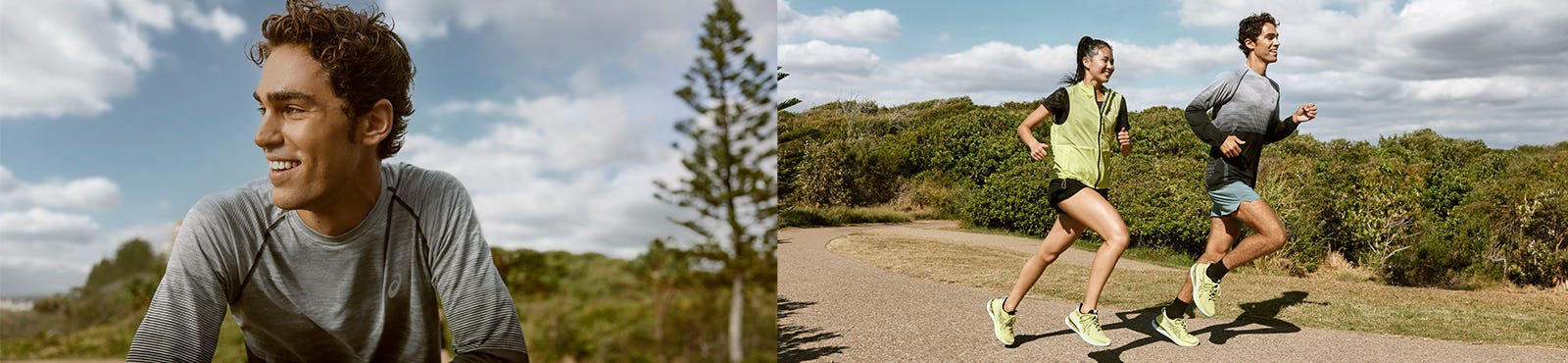 Split image of one runner resting and two runners running on a trail