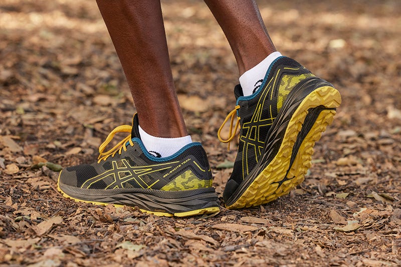 Up close image of trail running sneakers