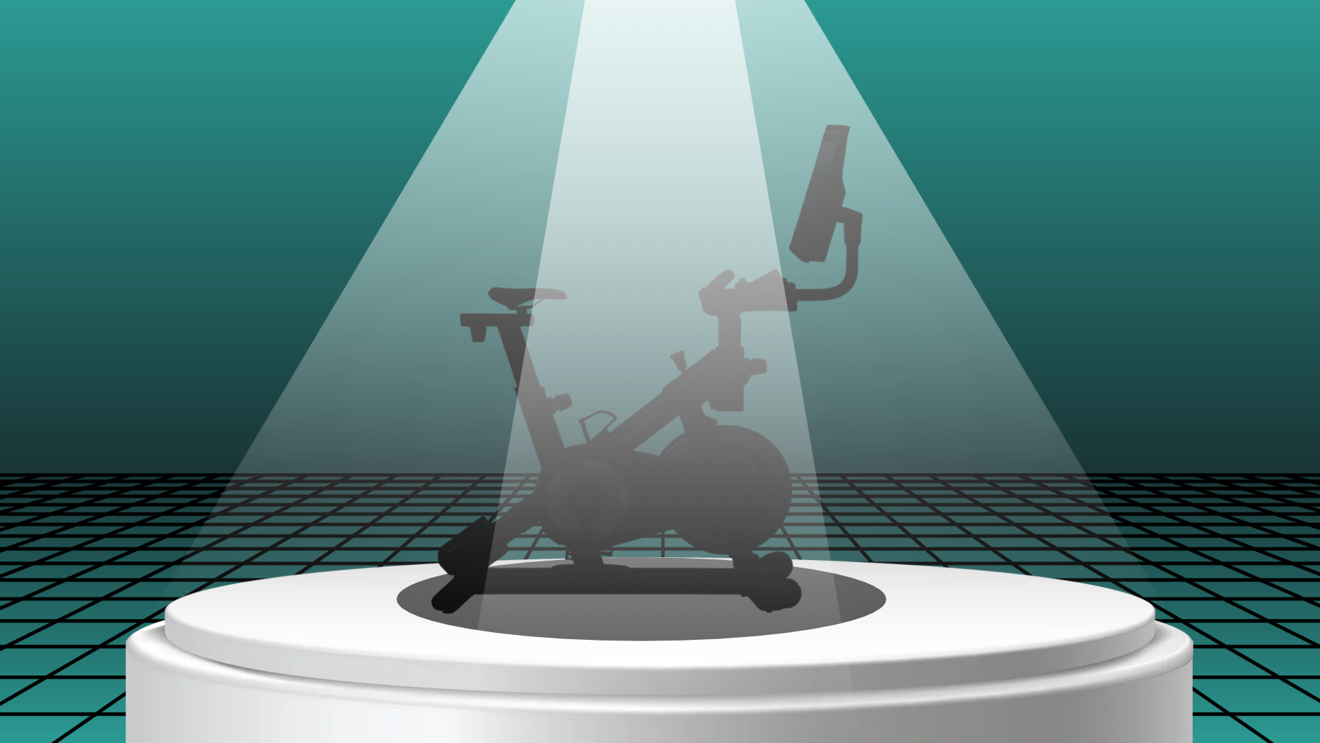 Dark silhouette of an exercise bike spotlighted on a white cylindrical podium against a teal gradient background with a retro grid floor.