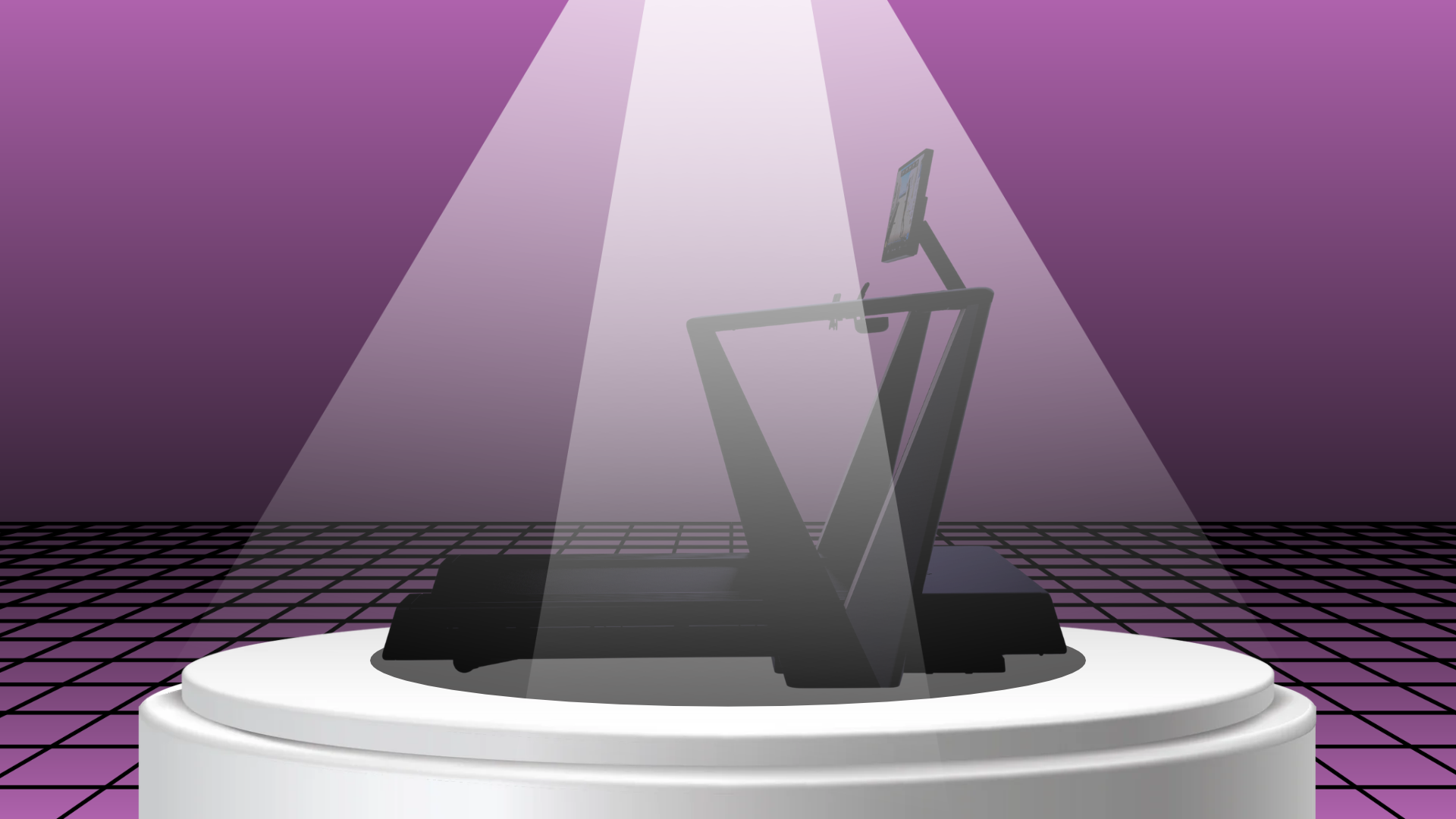 Dark silhouette of a treadmill with an upright display console, spotlighted on a white cylindrical podium against a purple gradient background with a retro grid floor.