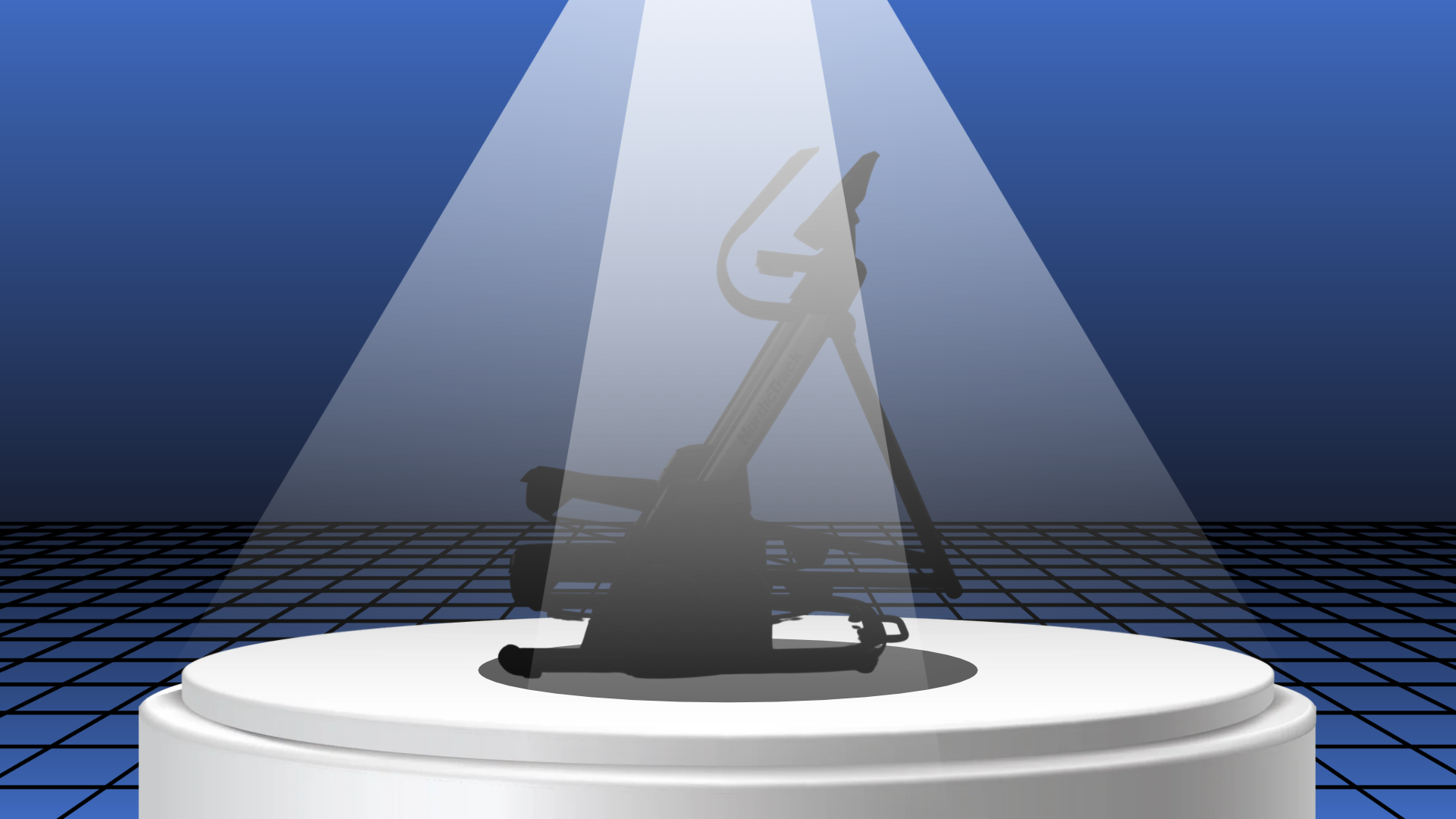 Dark silhouette of an elliptical trainer spotlighted on a white cylindrical podium against a blue gradient background with a retro grid floor.