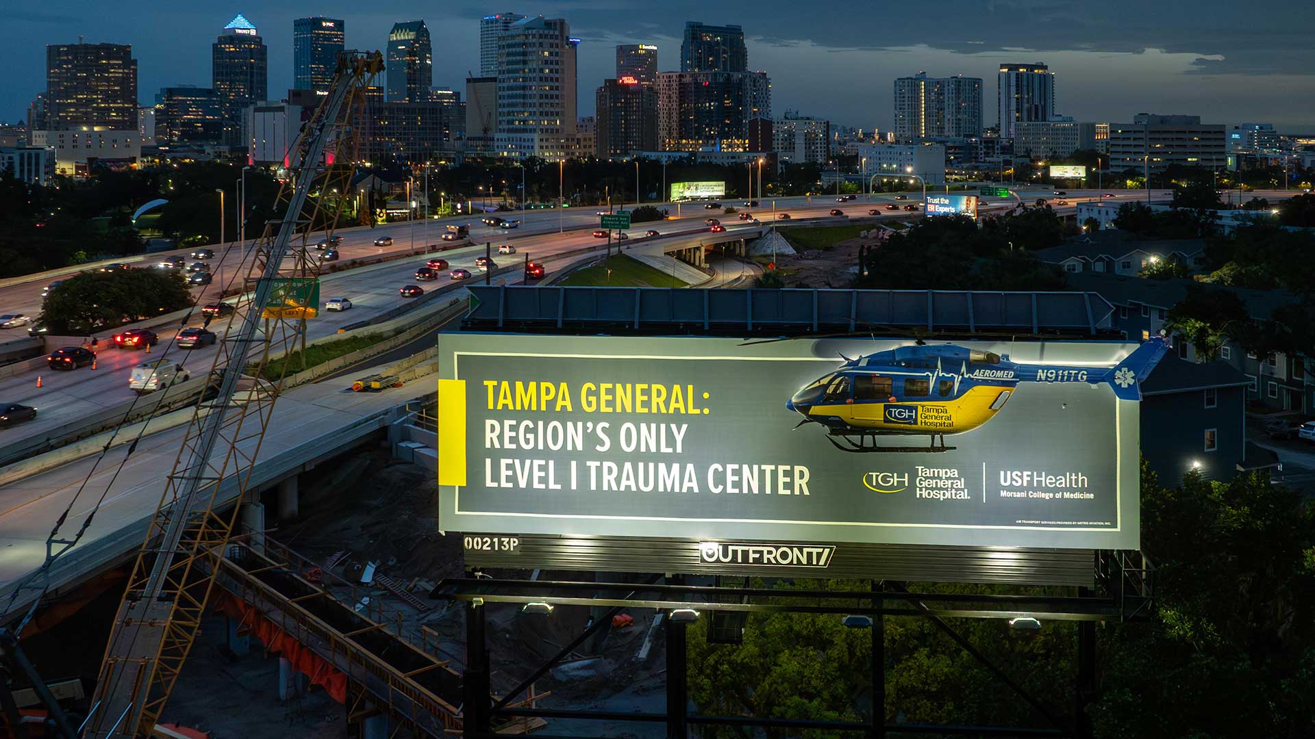 Tampa General Hospital billboard with helicopter extension