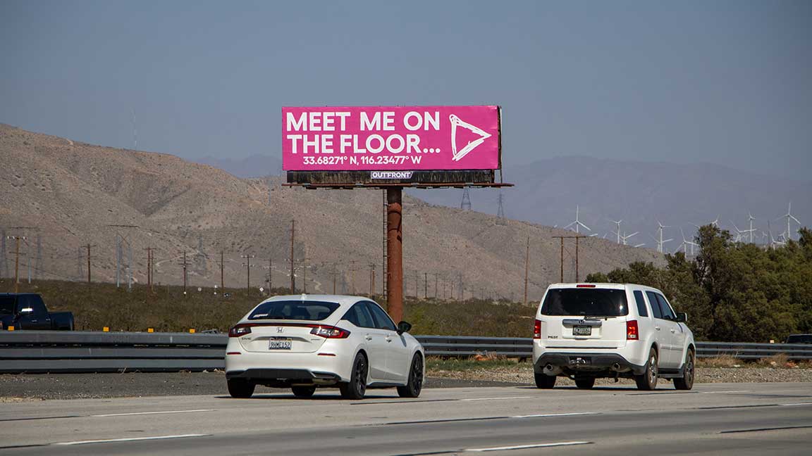 Cryptic Ed Sheeran (Atlantic Records) billboard outside Coachella 2025