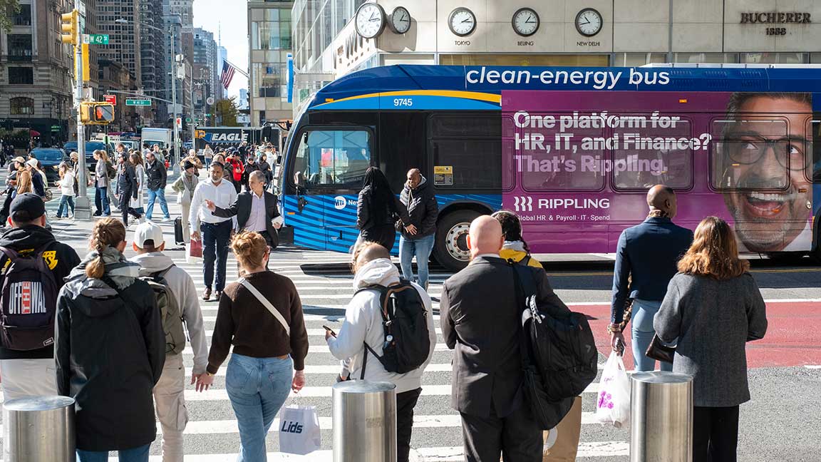 Rippling ad on NYC bus Ultra Super King media