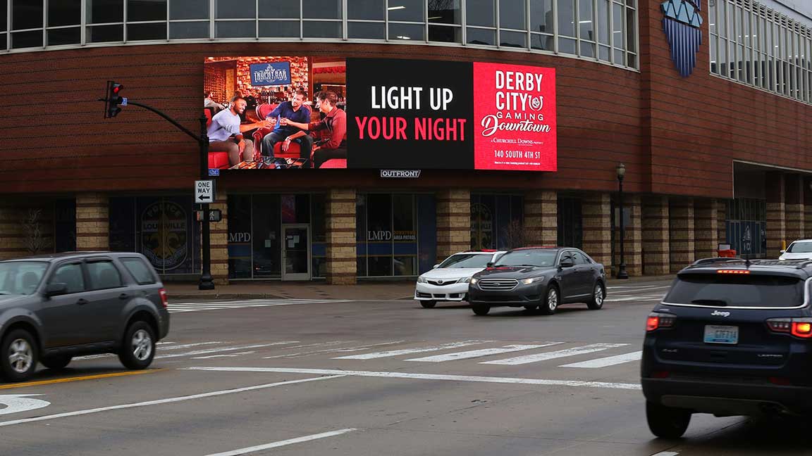 Digital bulletin showing ad for Derby City Gaming in downtown Louisville