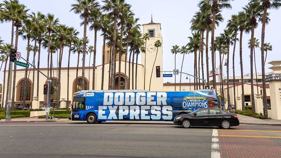 Dodger Express bus in front of Los Angeles Union Station