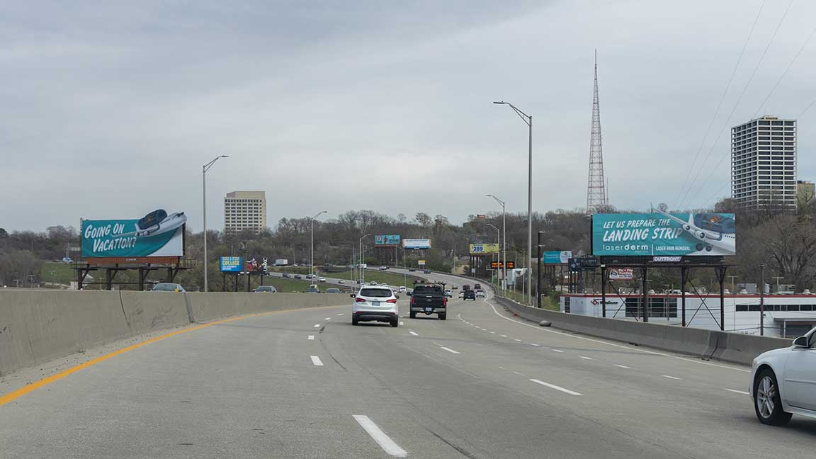 Vacation-themed Laser Derm Med Spa crossread billboards in Kansas City – copy reads going on vacation? Let us prepare the landing strip.